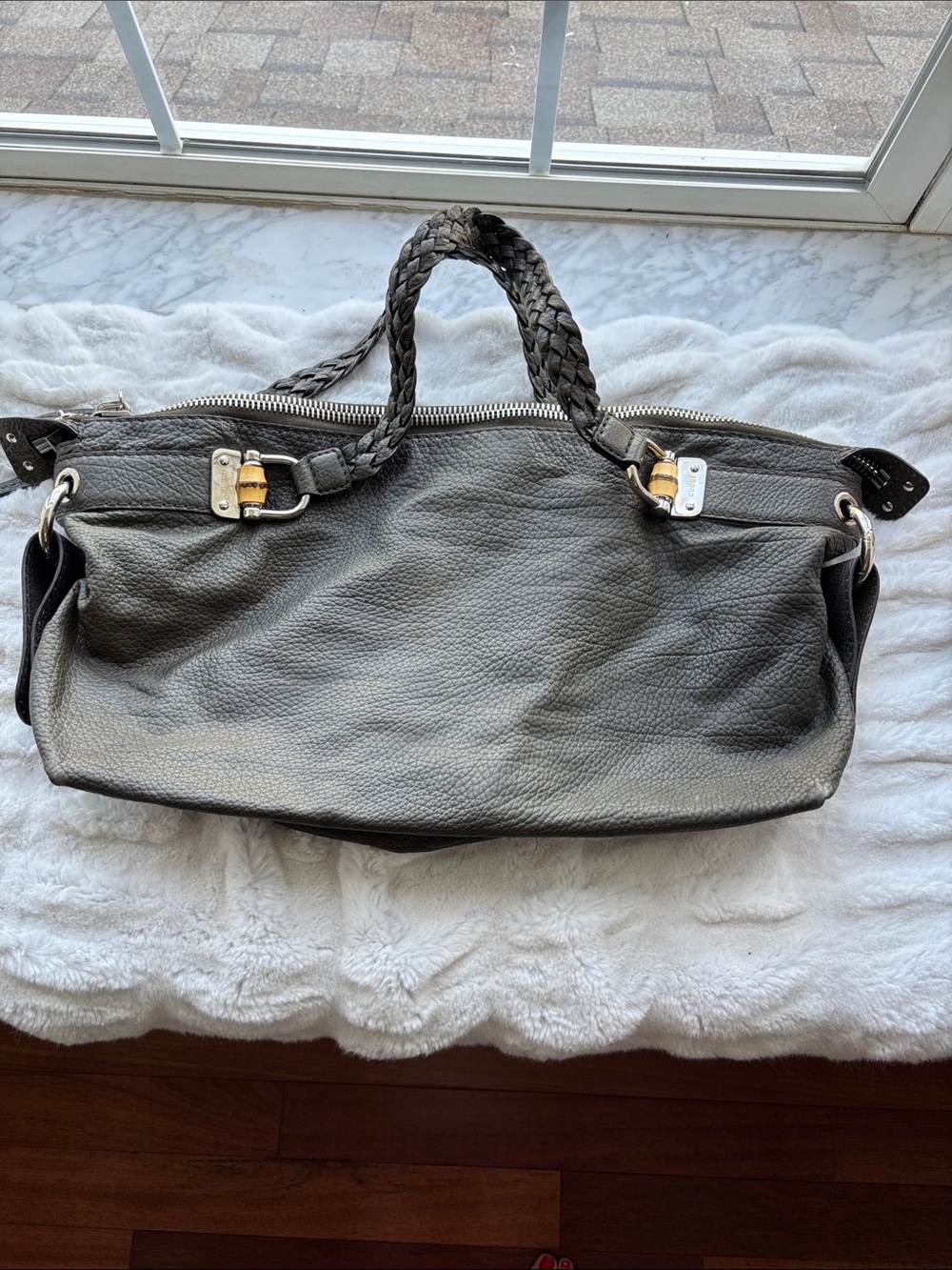 Gucci Braided Handle Leather Tote Bag - Olive